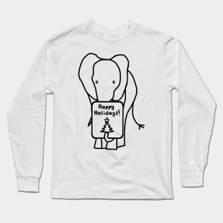 Christmas Elephant says Happy Holidays Line Drawing Long Sleeve T-Shirt